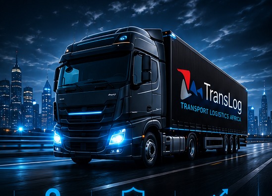 TransLog-branded truck on the road at night against a city skyline