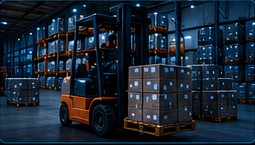 Forklift moving palletised freight in a warehouse